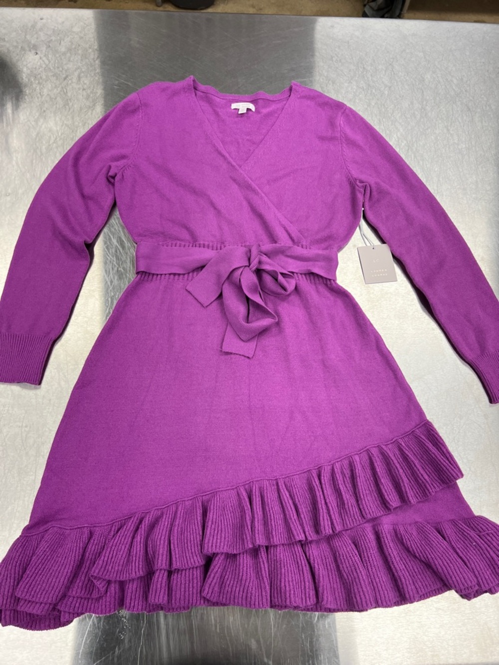 LC Lauren Conrad Bright Purple Wrap Knot Dress with Ruffle Hem